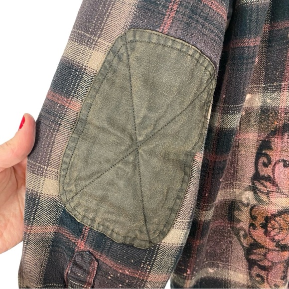 Handmade Floral Flannel Shirt Shacket Womens Plus XXL Bleached Plaid Button Down - Picture 9 of 13